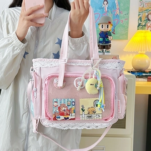 Rosa japanische Ita Bag Tragetasche mit Spitzenbesatz und durchsichtigem Netzfach