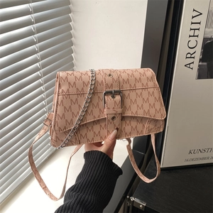 Chic pink-brown flap crossbody bag with letter pattern and metal chain strap
