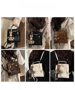 Detailed views of leopard print mini backpacks in black, coffee, and beige on models