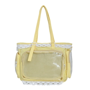Gelbe japanische Ita-Tasche mit Spitzenbesatz und klarem PVC-Fenster für Anstecknadeln