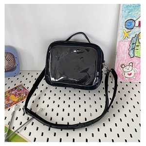 Macro shot of the black Ita bag showing the transparent PVC window and leather handle
