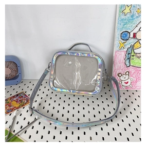 Close-up of holographic silver crossbody bag with a transparent PVC window and zipper