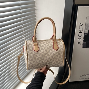 Sac à main Boston rétro avec motifs géométriques beiges et bandoulière en cuir marron