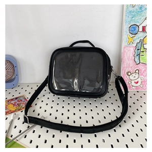 Detail of black PU leather ita bag with a large transparent display window and top handle