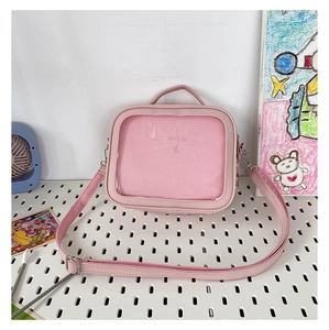Pink ita bag with transparent PVC window for badges on white pegboard stand