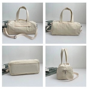 Detailed views of a minimalist beige nylon duffle bag showing various angles and large capacity