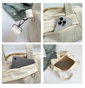 Detailed views of cream nylon travel bag showing strap hardware and storage compartments