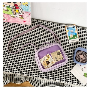 Detail view of purple Ita bag with PVC window and adjustable strap on checkered cloth