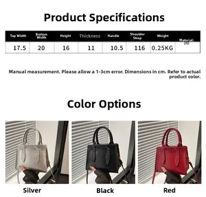 Detailed size chart and multi-color specifications for the stylish PU leather handbag