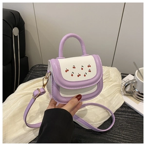 Purple and white crossbody bag with cherry embroidery and adjustable strap