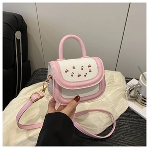 Pink and white cherry print small square bag with stylish top handle and strap