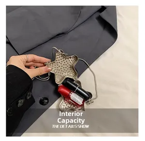 Détail montrant la capacité interne du sac de soirée étoile en acrylique argenté avec chaîne