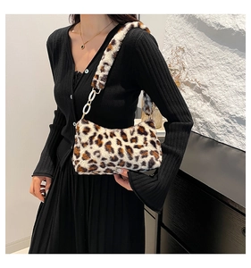 Detail of leopard print plush handbag with soft faux fur texture and white chain strap