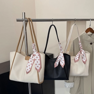 Chic large capacity tote bags in cream and black with stylish pink polka dot scarves