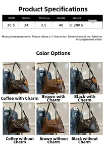 Tableau des tailles et vue multicolore du sac cabas pour femme en similicuir PU
