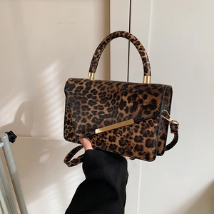 Damen Mode Leopardenmuster PU Leder Handtasche Umhängetasche Mit Goldener Metallverzierung Pendeln Schulter Quadratische Tasche
