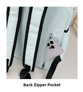 Detail view of back anti-theft zipper pocket on light blue nylon sports drawstring backpack