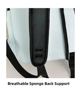 Detail of light blue backpack featuring breathable black honeycomb mesh shoulder straps