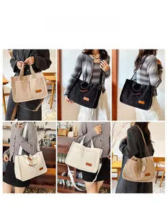 Multiple views of large corduroy tote bag with dual pockets and adjustable straps