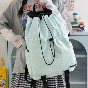 Light blue drawstring backpack for outdoor travel and sports with adjustable straps