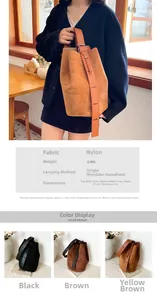 Detailed size chart and multi-color nylon bucket bag specifications with dimensions