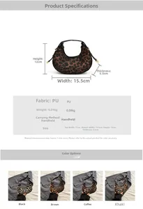 Size chart showing crescent leopard print bag dimensions 15.5x12x5.5cm in four colors