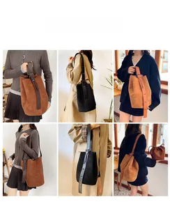 Detailed views of vintage matte leather bucket bag set showing various carrying styles