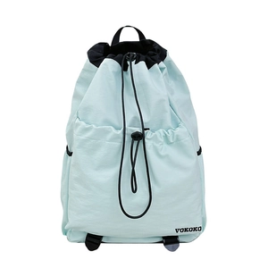 Lightweight mint green drawstring backpack with black straps for outdoor travel and sports