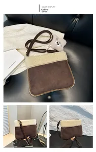 Detail view of vintage plush crossbody bag with brown faux suede and teddy fleece trim
