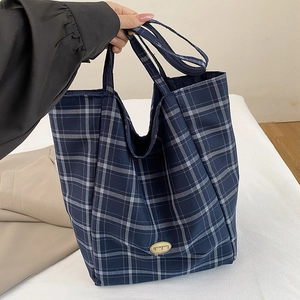 Bolso tote de cuadros azul marino de gran capacidad en lona con asas resistentes