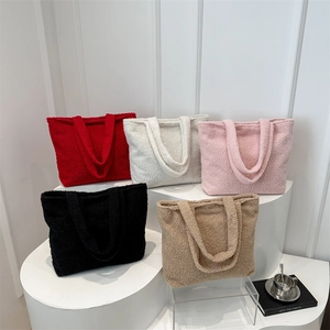 Women Large Capacity Fuzzy Lamb Wool Tote Bag Minimalist Soft Teddy Fleece Shoulder Bag Commuting Solid Color Handbag