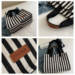 Detailed views of striped canvas tote bag featuring brown leather fashion patch and straps