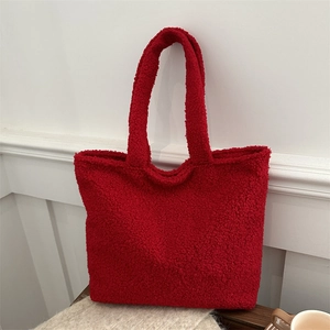 Plush red teddy fleece tote bag with large capacity for winter casual commuting