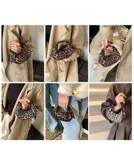 Mini leopard print crescent shoulder bag shown in multiple angles on model with trendy outfits