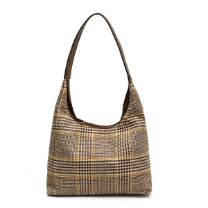 Chic houndstooth pattern hobo shoulder bag with brown leather trim in minimalist style