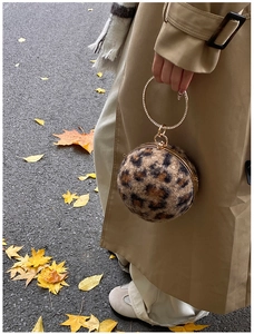 Détail du sac boule à imprimé léopard avec poignée en strass dans un style de rue automnal