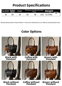 Detailed size guide and dimensions of the PU leather vintage tote bag with straps