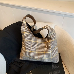 Brown and yellow houndstooth tote bag with PU leather handles for women