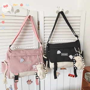 Contrast Color Nylon Messenger Bag Large Capacity Campus Crossbody Bag With Plush Bear Keychain And Badges For Student