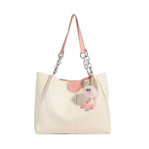 Minimalist beige tote bag with pink straps and plush charm for student and office use