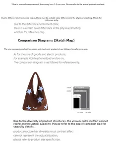 Detailed size chart for the star embroidered plush tote bag showing dimensions and capacity