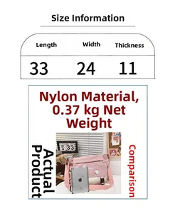 Size chart for pink nylon messenger bag with dimensions and real product iPad comparison