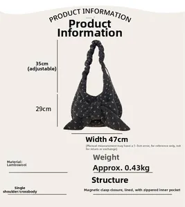 Detailed size chart showing black plush lamb wool tote dimensions with bow and inner pocket