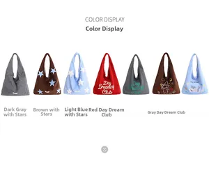 Variety of star embroidered plush tote bags in multiple colors and cartoon dog designs