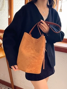 Large Capacity Vintage Frosted Suede Bucket Bag For Women Retro Microfiber Shoulder Crossbody Bag With Inner Pouch Bag