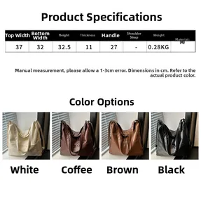 Detailed size chart and four color options for the large vintage PU leather tote bag