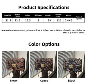 Size chart and dimensions for leopard print shoulder bag with three color options