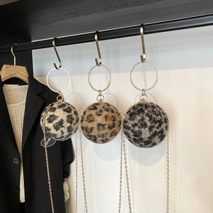 Sac à Main Rond en Peluche Imprimé Léopard Poignée Anneau en Strass Bandoulière Chaîne Femme Soirée Mode Petit Sac Rond