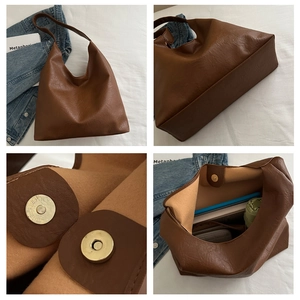 Brown faux leather tote bag detailing large capacity with magnetic buckle closure