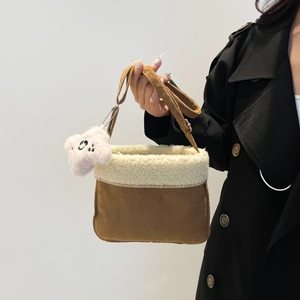 Vintage Microfiber Suede Plush Bucket Bag For Women Winter Fashion Small Square Crossbody Bag With Cute Plush Charm Daily